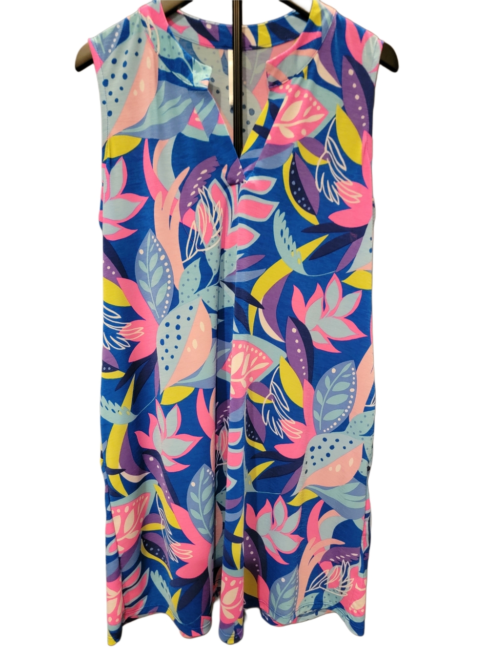 Dear Scarlett Multicolor Tropical Knit Dress - Blue/Pink/Yellow - Size L